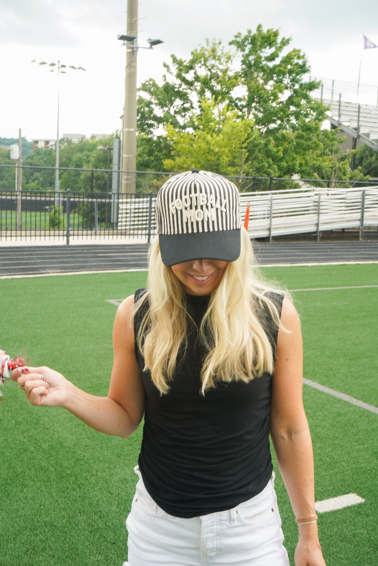 Football Mom - Black/White Stripe Hat | Kenzkustomz