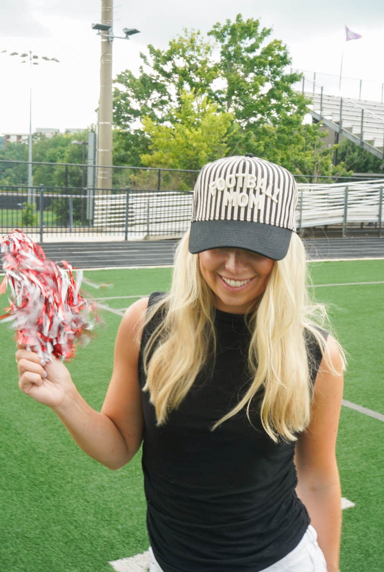 Football Mom - Black/White Stripe Hat | Kenzkustomz