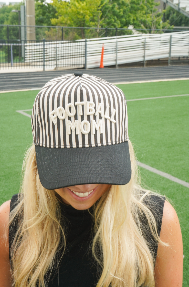 Football Mom - Black/White Stripe Hat | Kenzkustomz