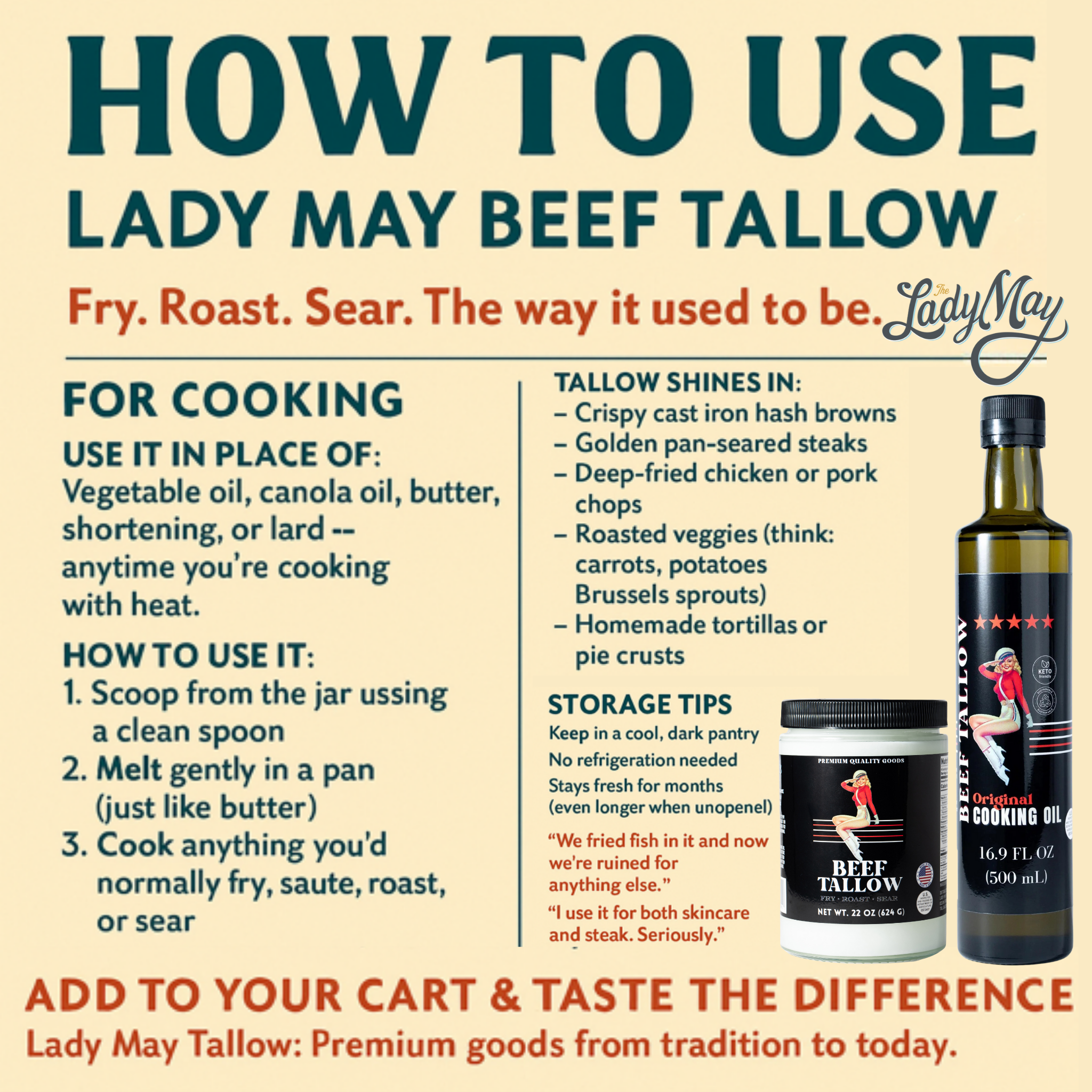 Premium Grass-Fed Beef Tallow Cooking Oil | Lady May Tallow