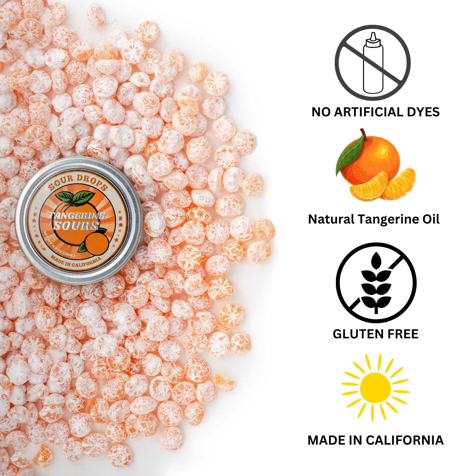 Tangerine Sours: 3.5oz Dye-Free Candy Tins | Sour Drops