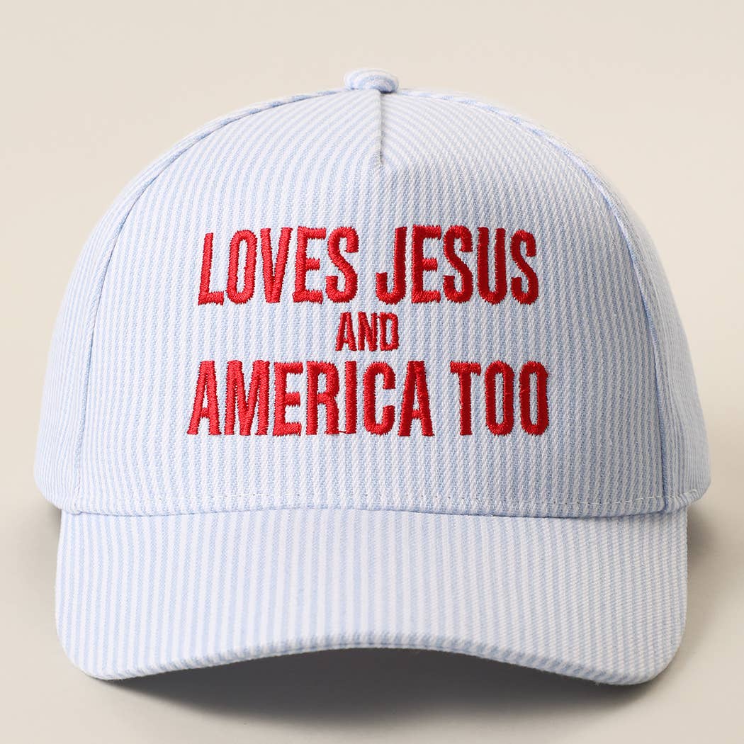 LOVES JESUS AND AMERICA TOO Embroidered Seersucker Hat | Fashion City