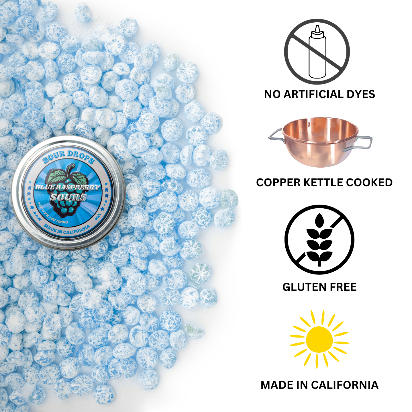 Blue Raspberry Sours: 3.5oz Dye-Free Candy Tins | Sour Drops