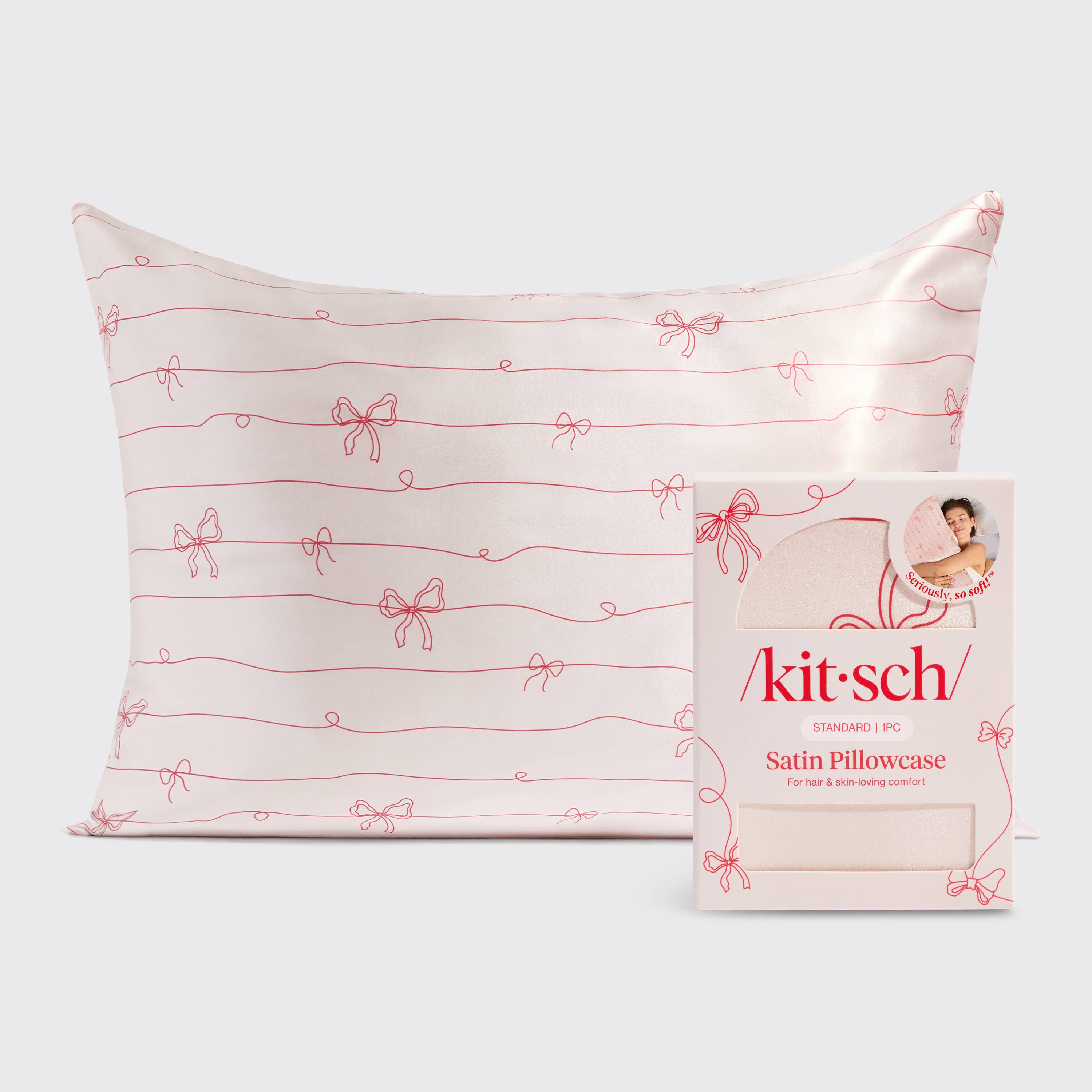 Holiday Satin Pillowcase in Striped Bows | Kitsch