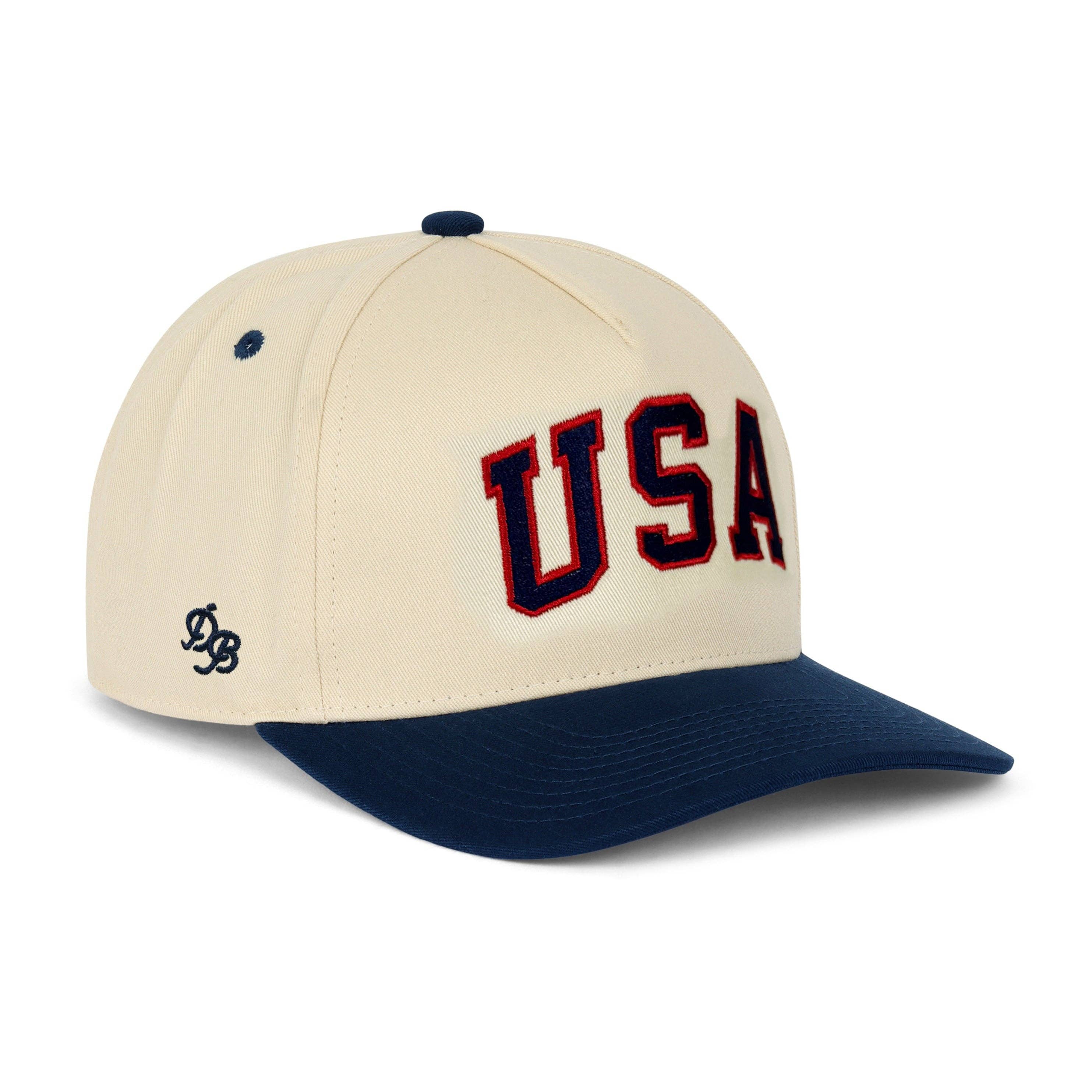 USA Patriotic Snapback Hat - Cream Navy Embroidered | Dad Brand