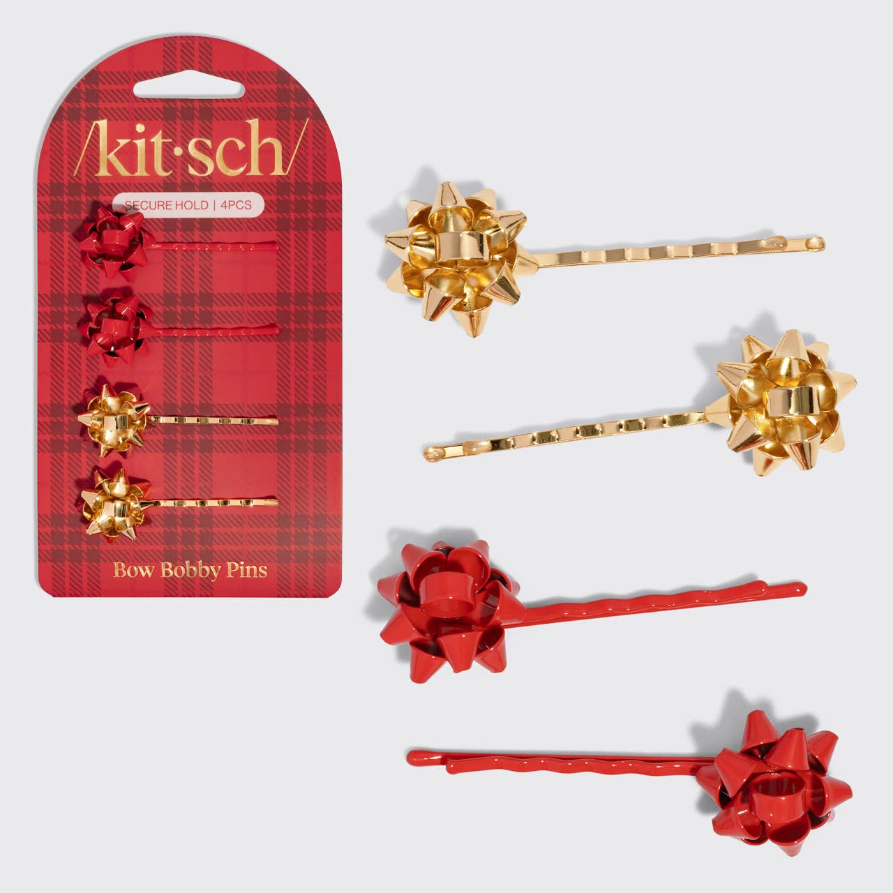 Metal Gift Bow Bobby Pins 4pc Set - Red & Gold | KITSCH