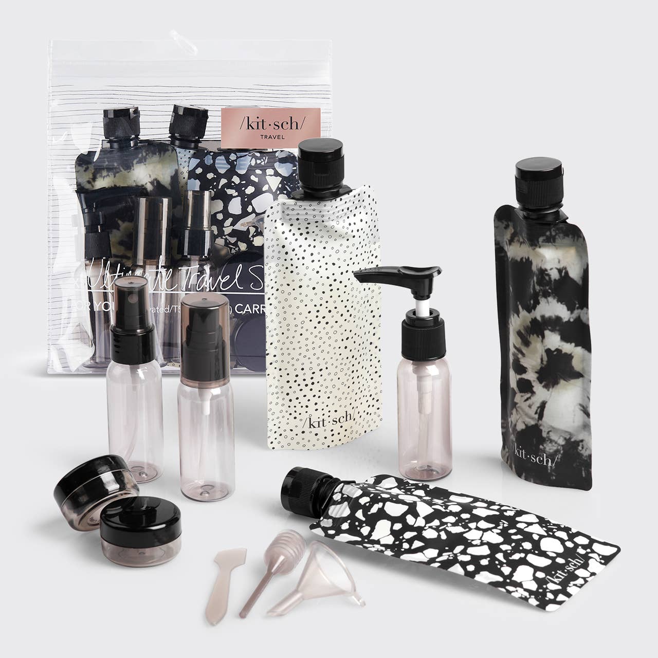 Refillable Ultimate Travel 11pc Set - Black & Ivory | Kitsch
