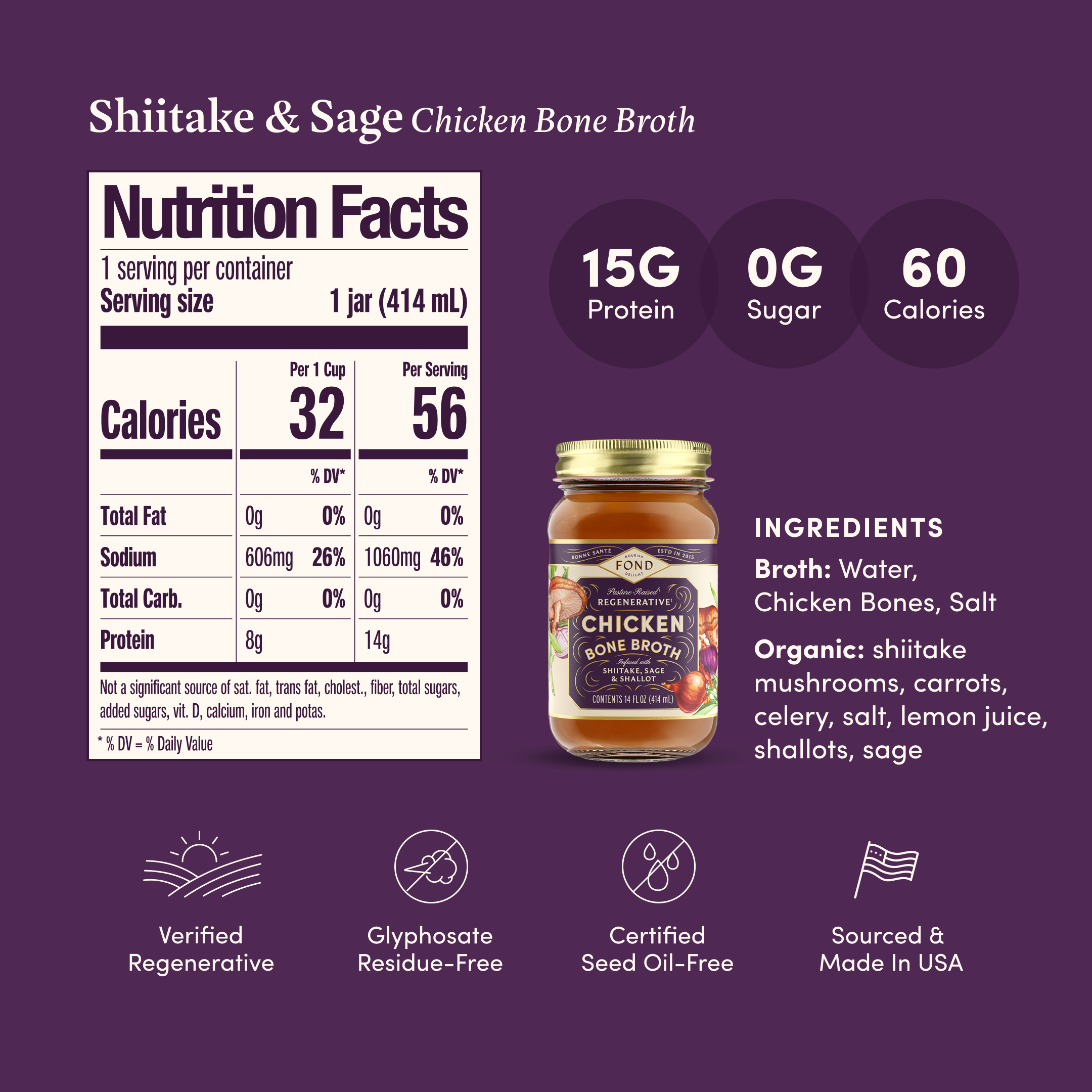 Shiitake & Sage Pasture-Raised Chicken Bone Broth 14oz | Fond Regenerative