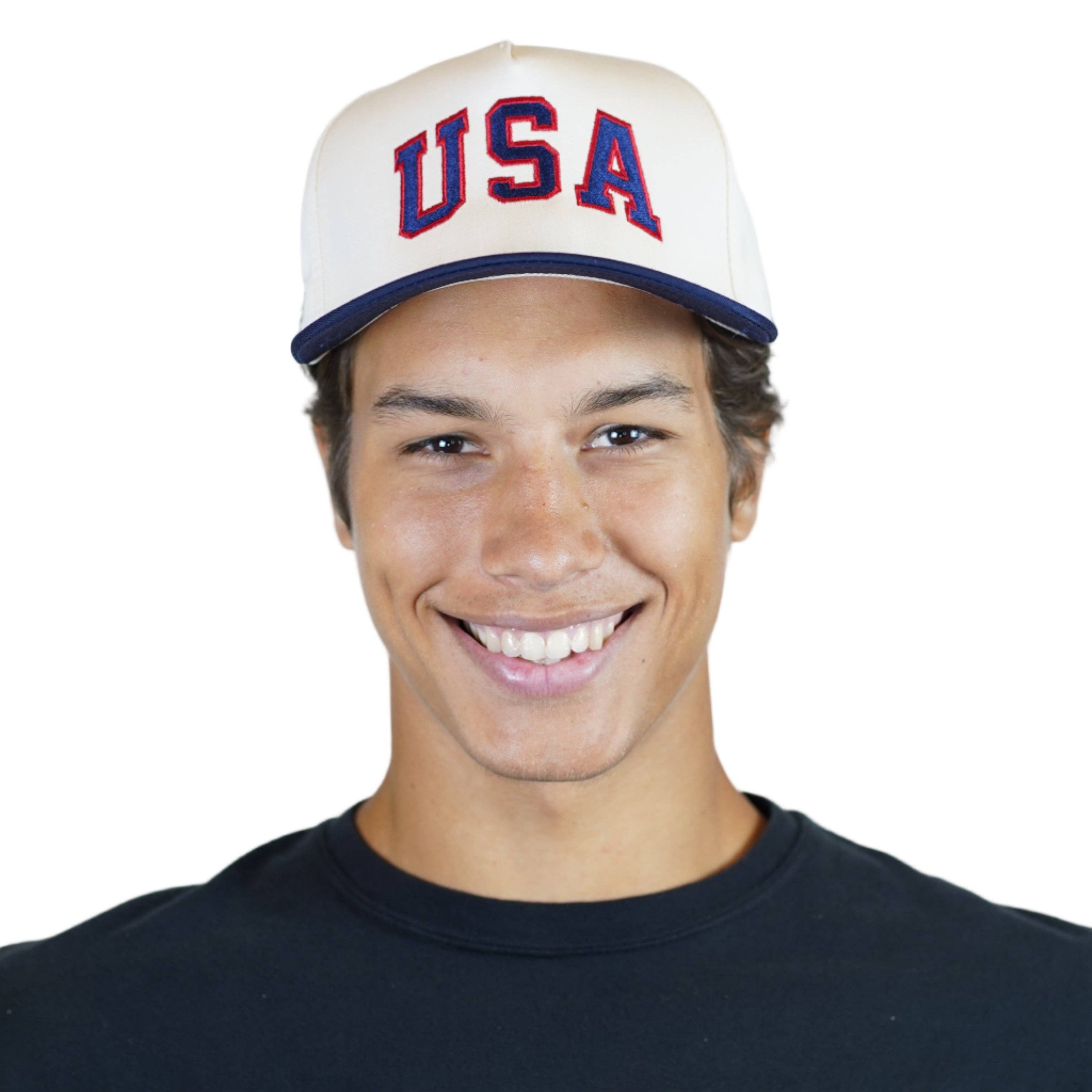 USA Patriotic Snapback Hat - Cream Navy Embroidered | Dad Brand