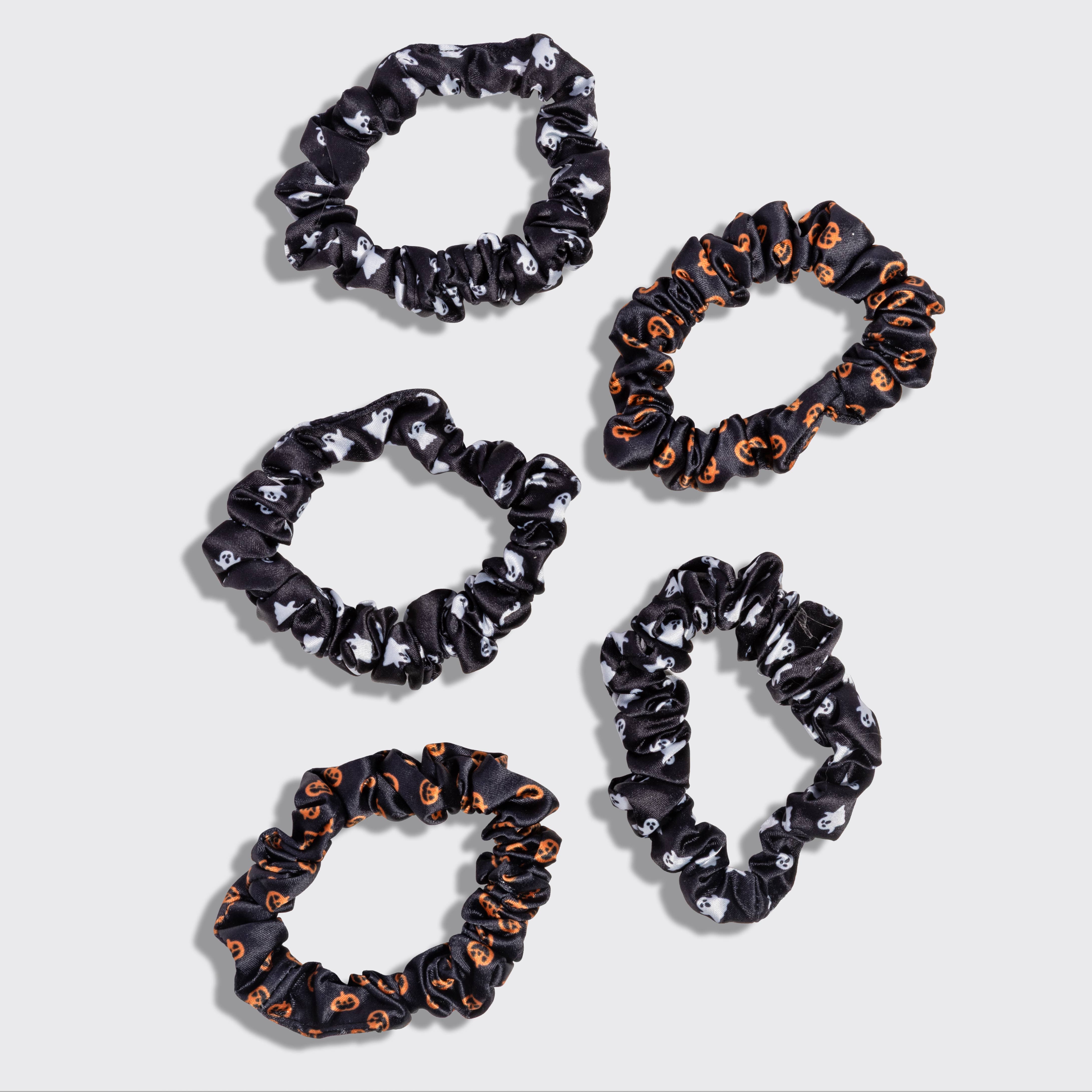 Ruched Satin Scrunchies 5pc Set - Ghosts & Pumpkins | KITSCH