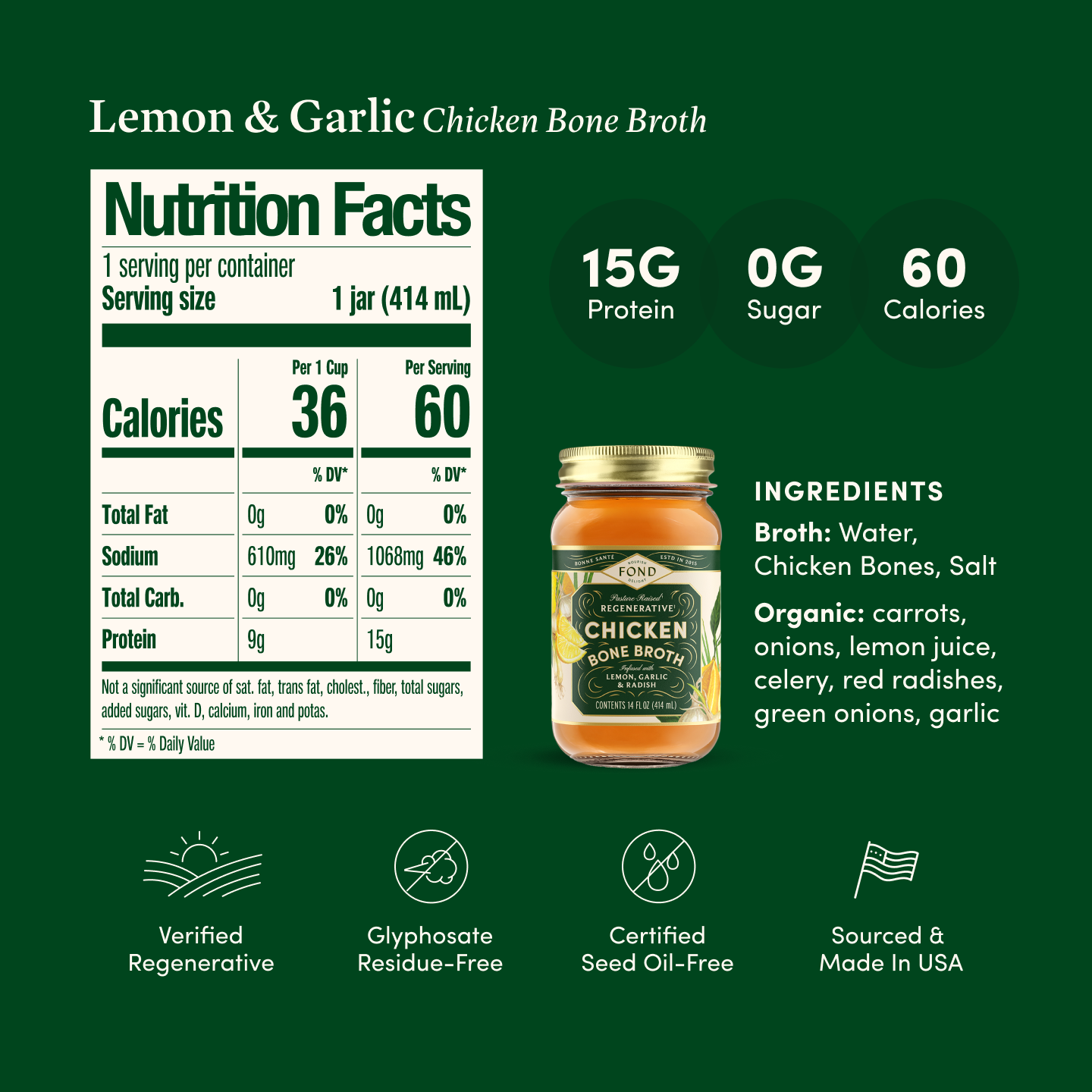 Lemon & Garlic Pasture-Raised Chicken Bone Broth 14oz | Fond Regenerative