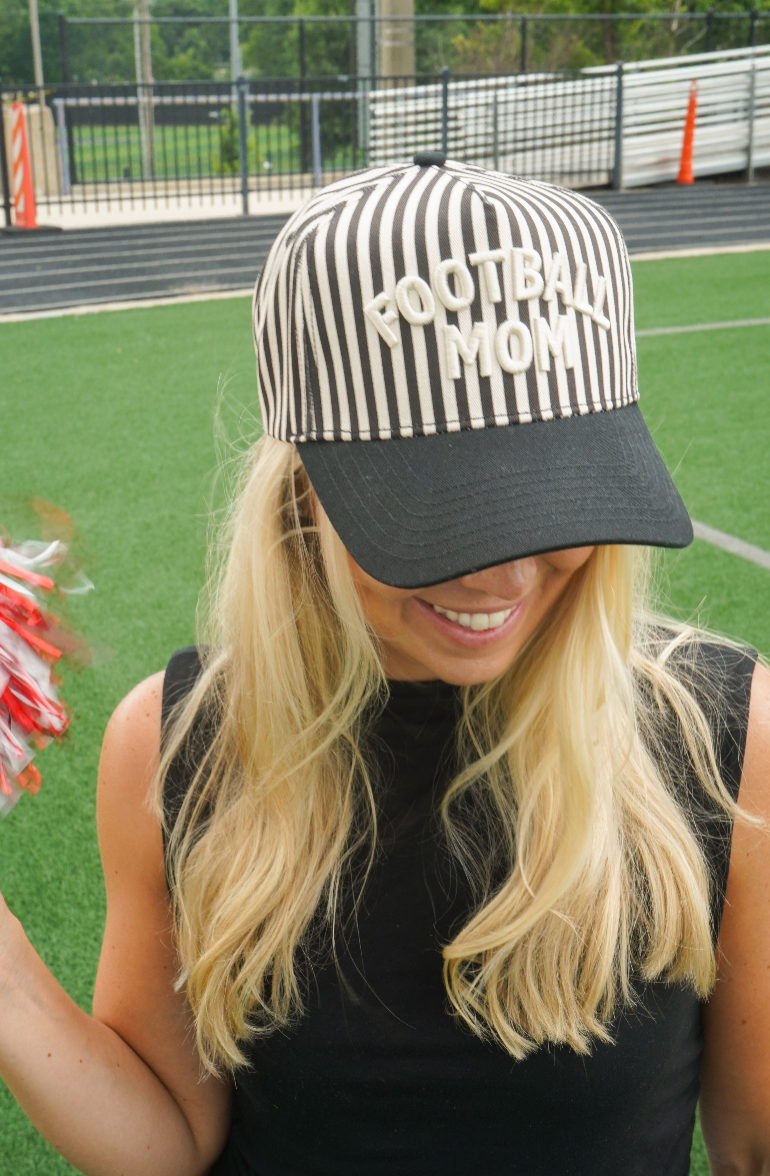 Football Mom - Black/White Stripe Hat | Kenzkustomz