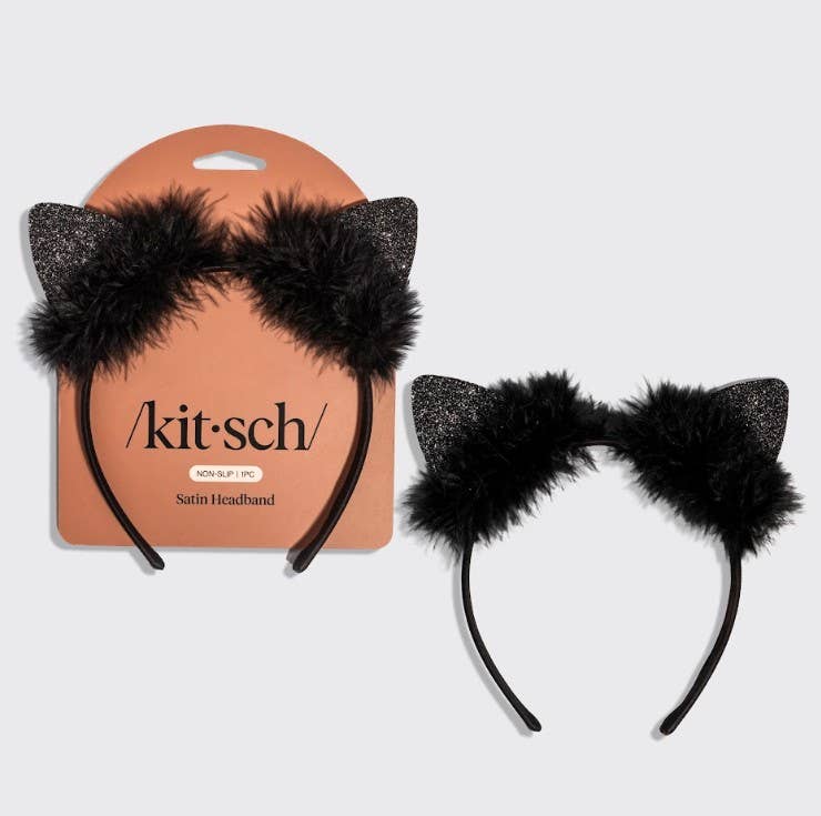 Satin Cat Ears Headband - Black Glitter | KITSCH