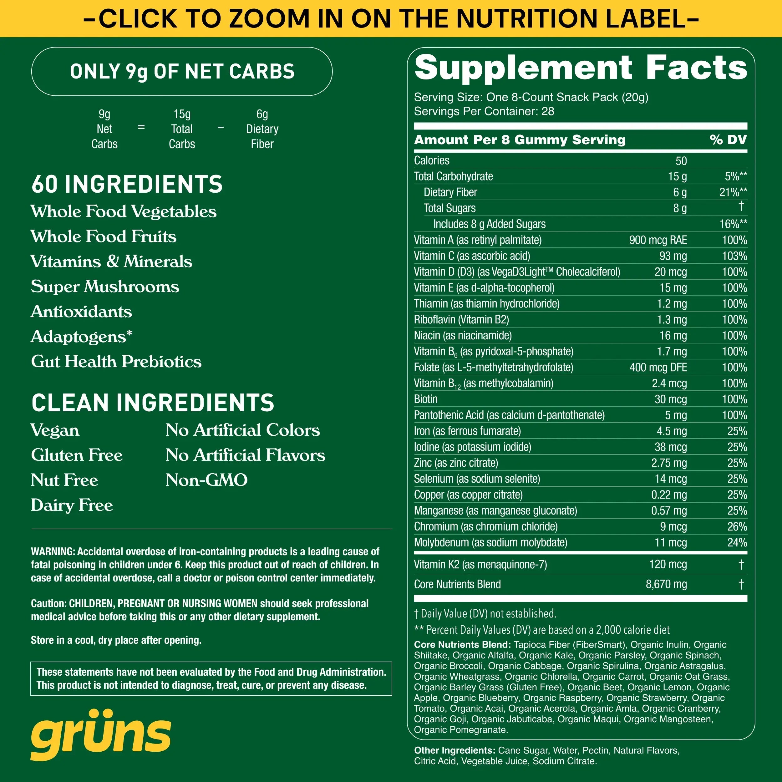 Adult Superfood Greens Gummies, 30 Servings | Grüns