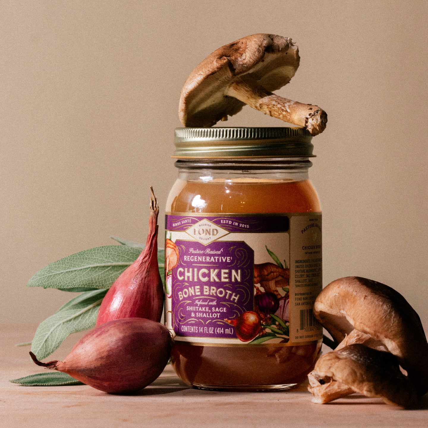 Shiitake & Sage Pasture-Raised Chicken Bone Broth 14oz | Fond Regenerative