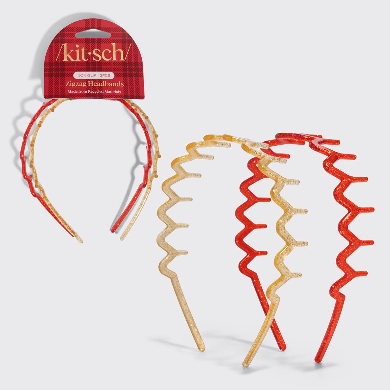 Recycled Plastic Zigzag Headbands 2pc Set - Gold & Red | KITSCH