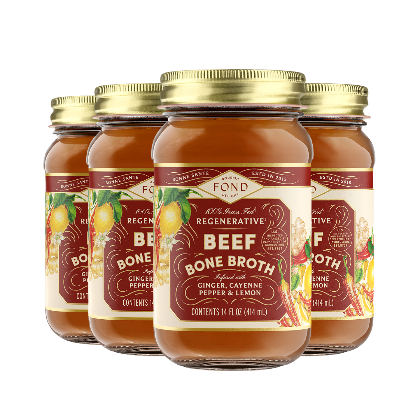 Ginger & Cayenne Grass-fed Beef Bone Broth 14oz | Fond Regenerative