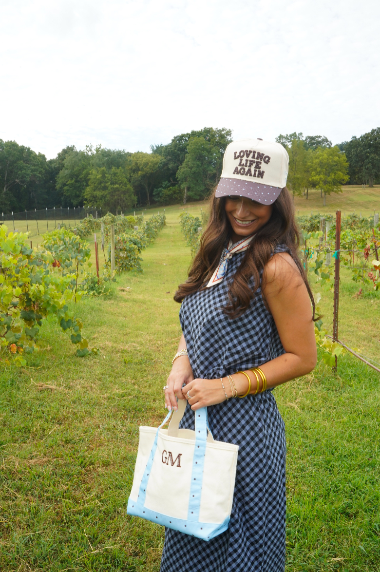 Loving Life Again - Brown & Blue Polka Dot Trucker Hat | Kenzkustomz