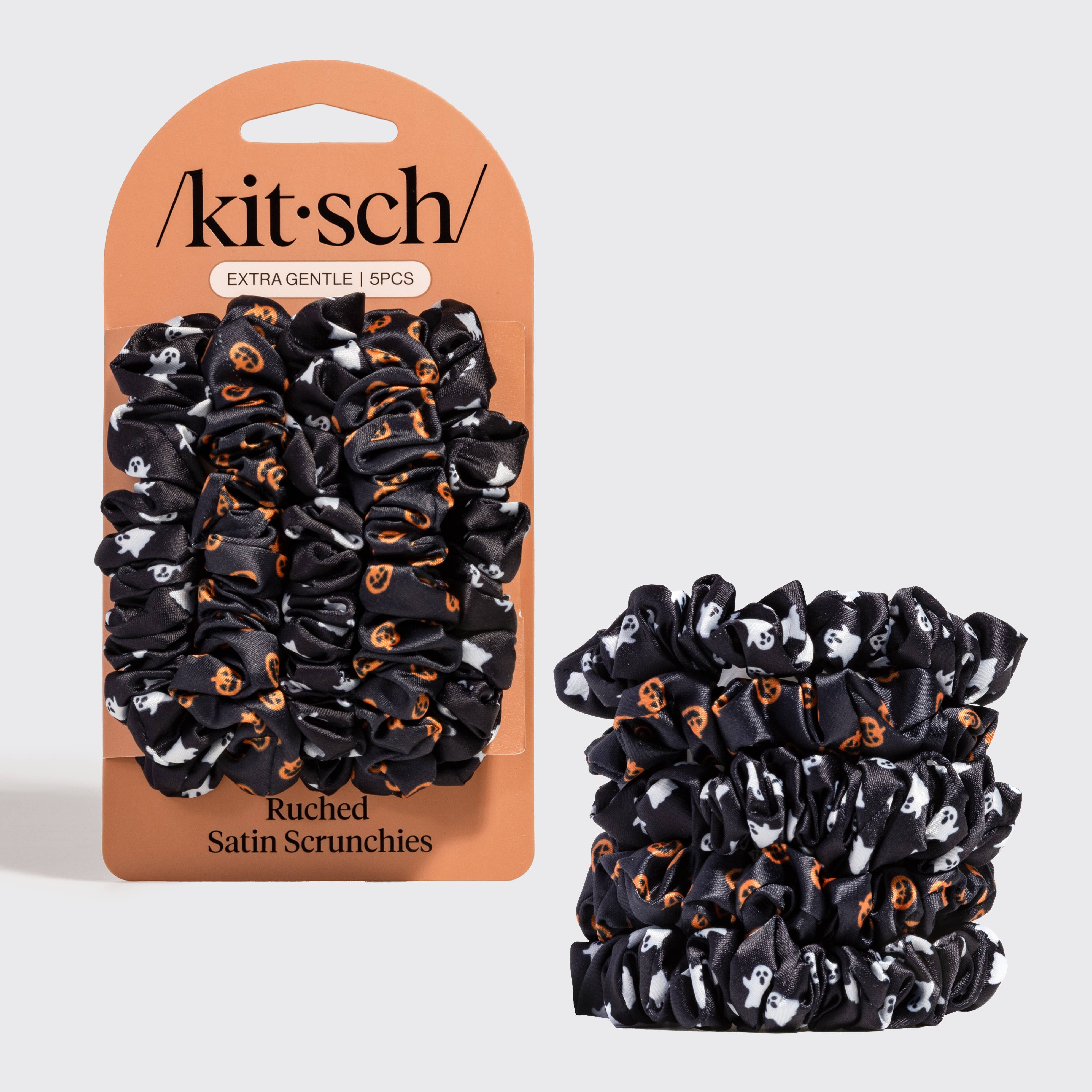 Ruched Satin Scrunchies 5pc Set - Ghosts & Pumpkins | KITSCH