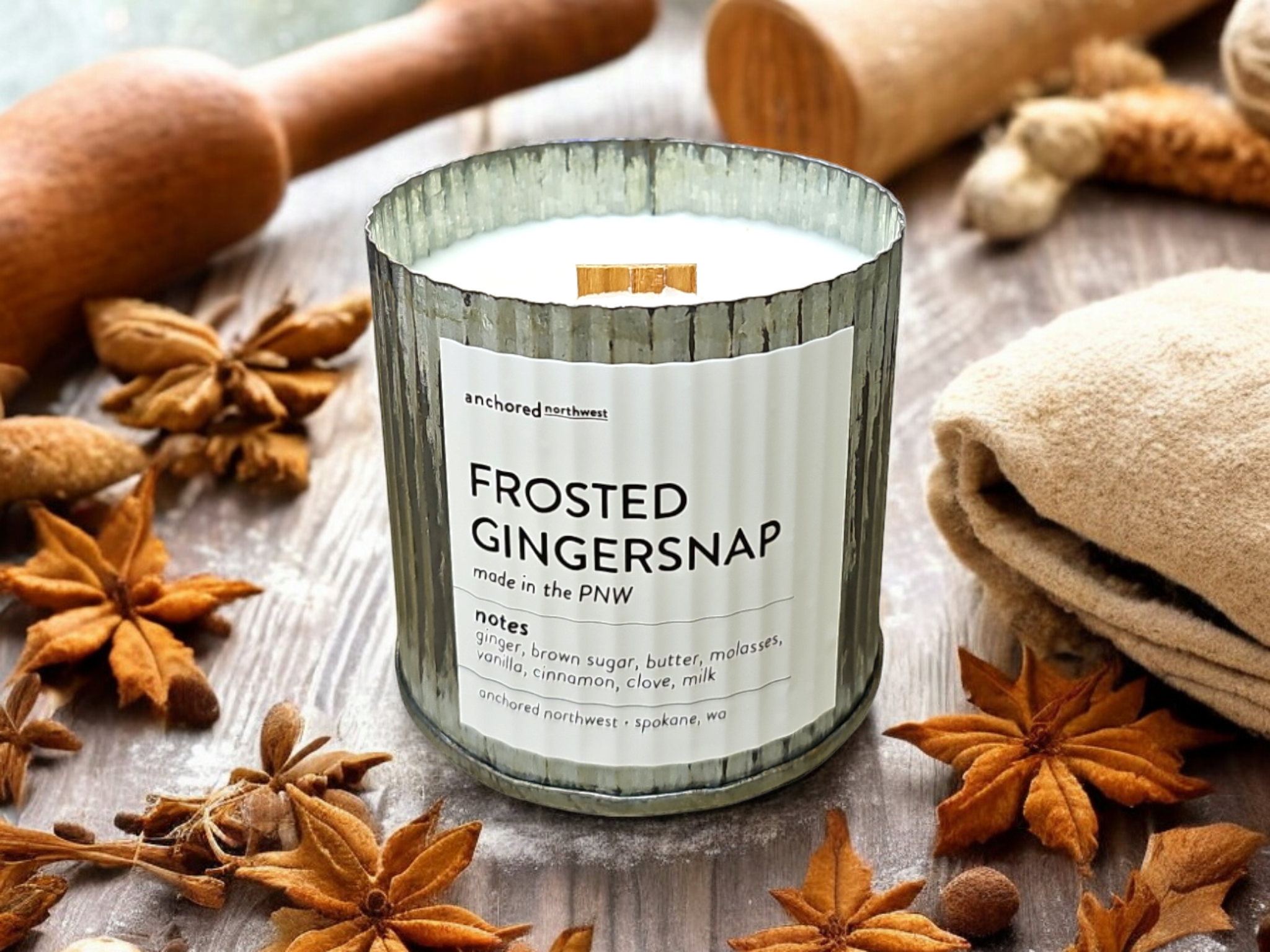 Frosted Gingersnap Rustic Vintage Wood Wick Fall Candle | Anchored Northwest