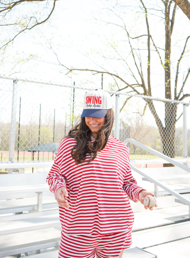 Swing Batter Batter - Navy Pinstripe Trucker Hat | Kenzkustomz