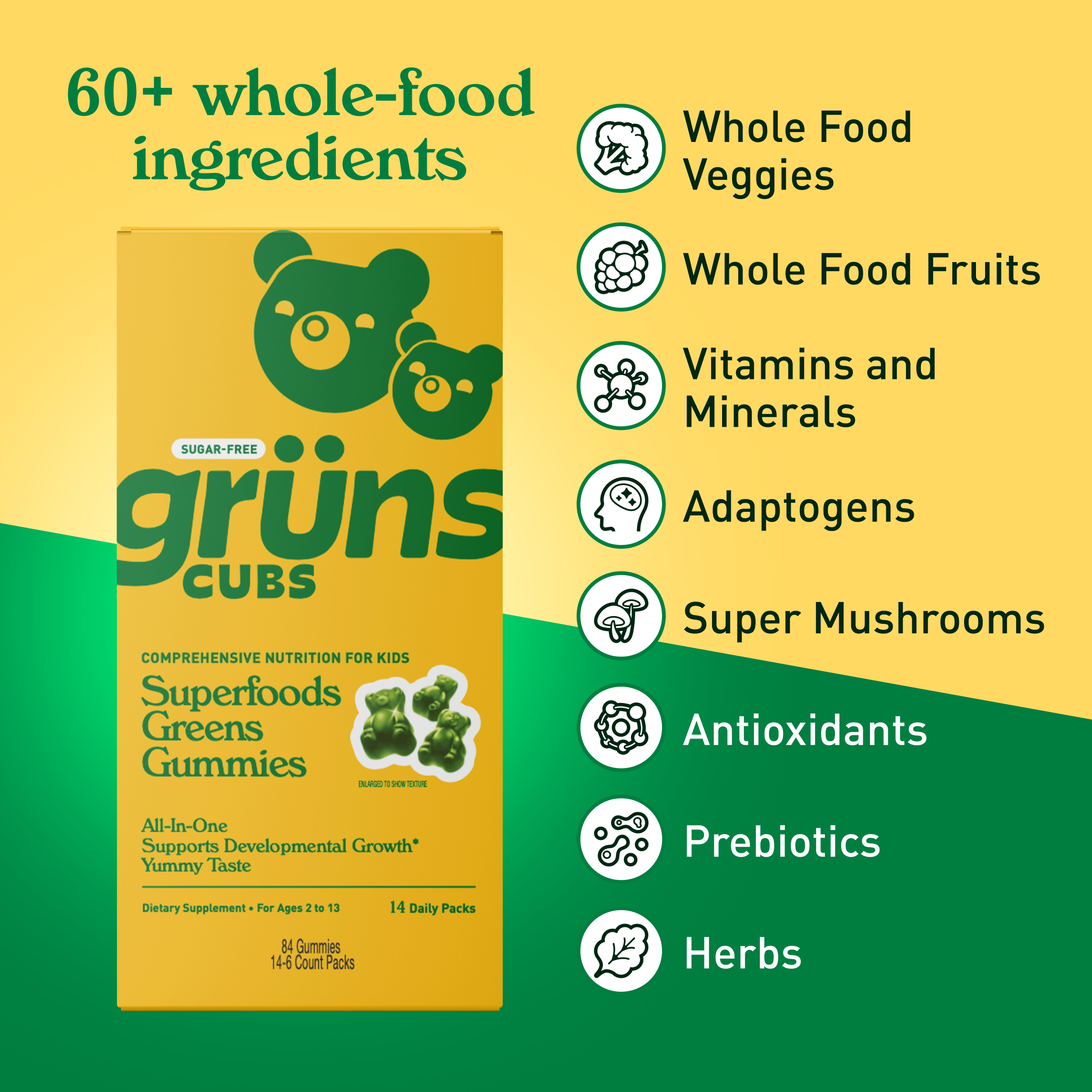 Kids Sugar Free Superfood Greens Gummies, 14 Servings | Gruns