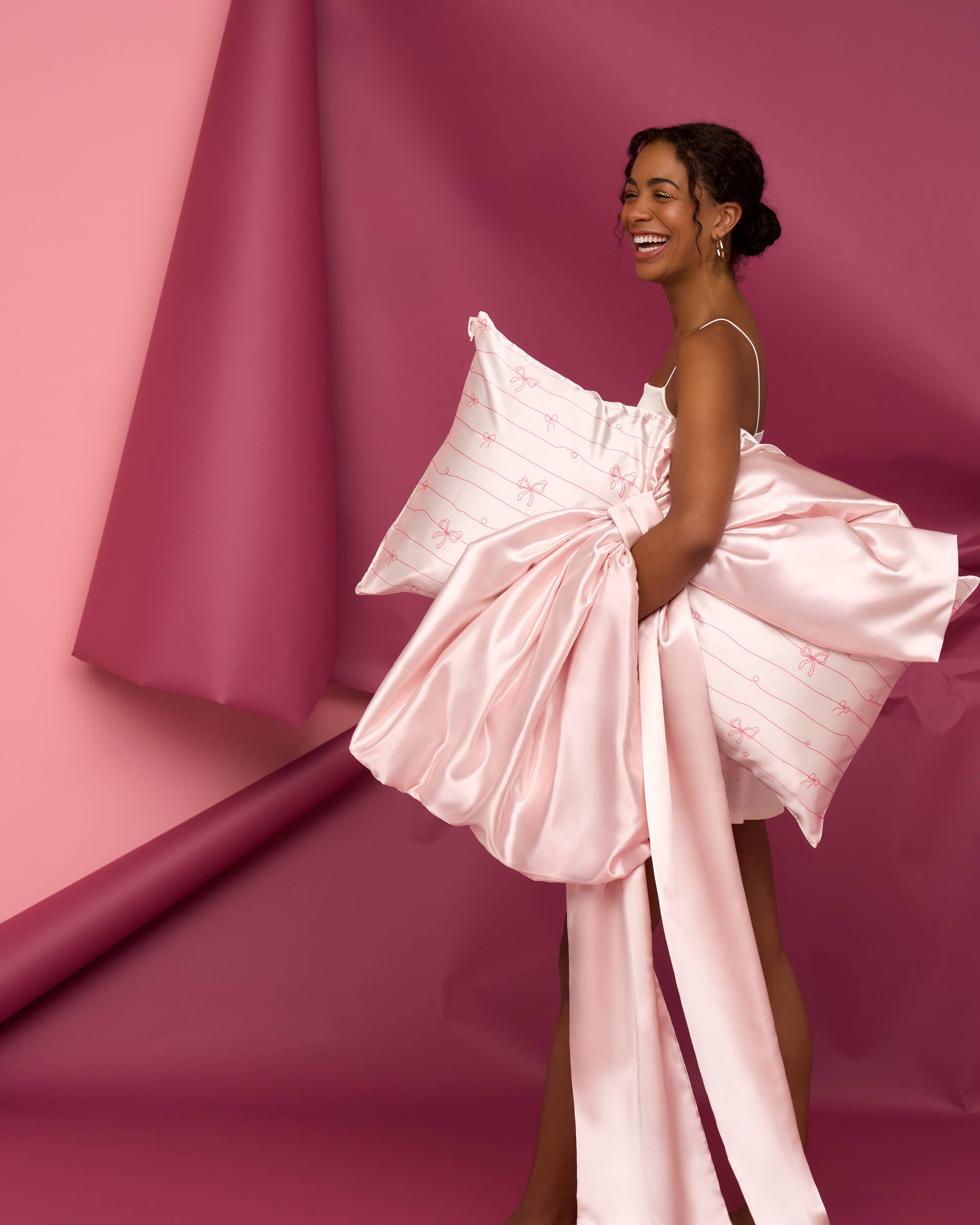 Holiday Satin Pillowcase in Striped Bows | Kitsch