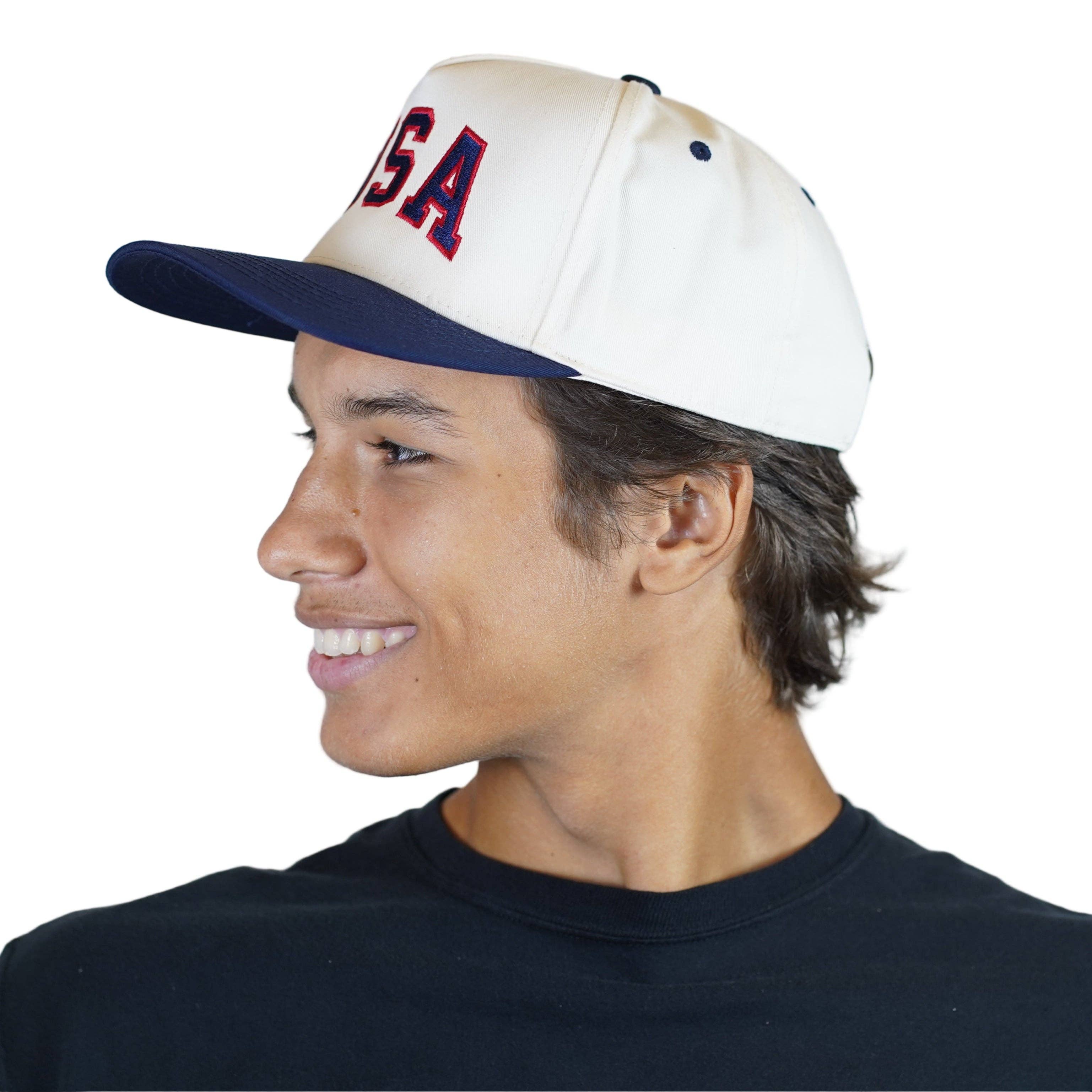 USA Patriotic Snapback Hat - Cream Navy Embroidered | Dad Brand