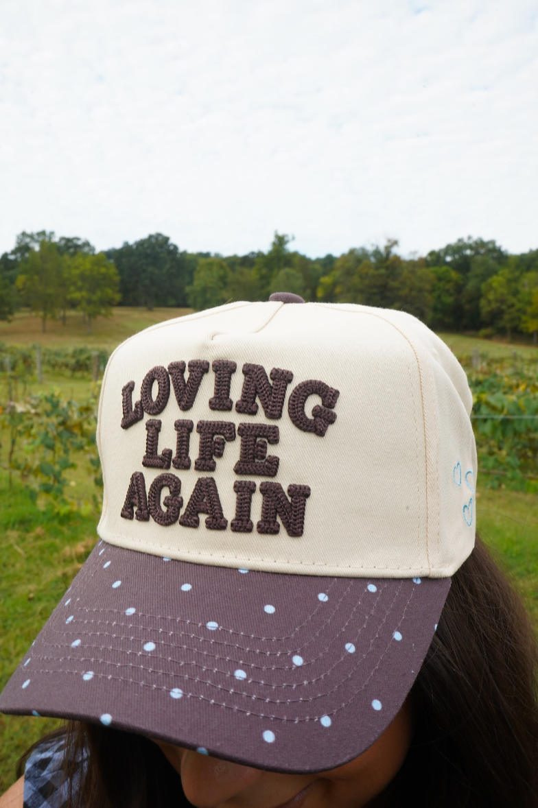 Loving Life Again - Brown & Blue Polka Dot Trucker Hat | Kenzkustomz