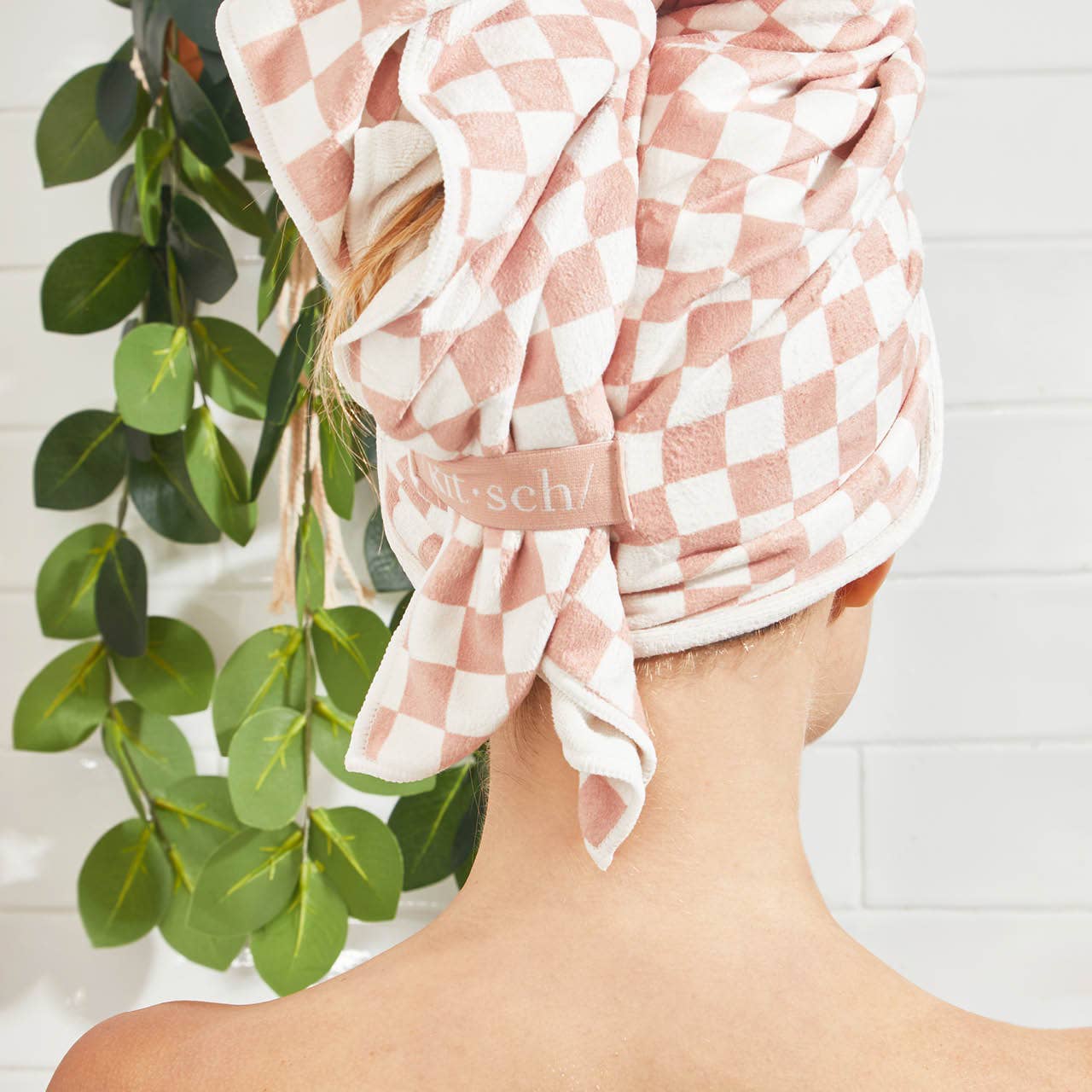 Extra Large Quick-Dry Hair Towel Wrap- Terracotta Checker | KITSCH